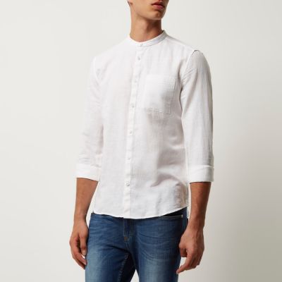 White linen-rich grandad collar shirt